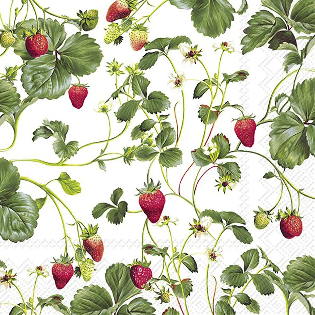 IHR cocktail napkin with a painted strawberry vine design