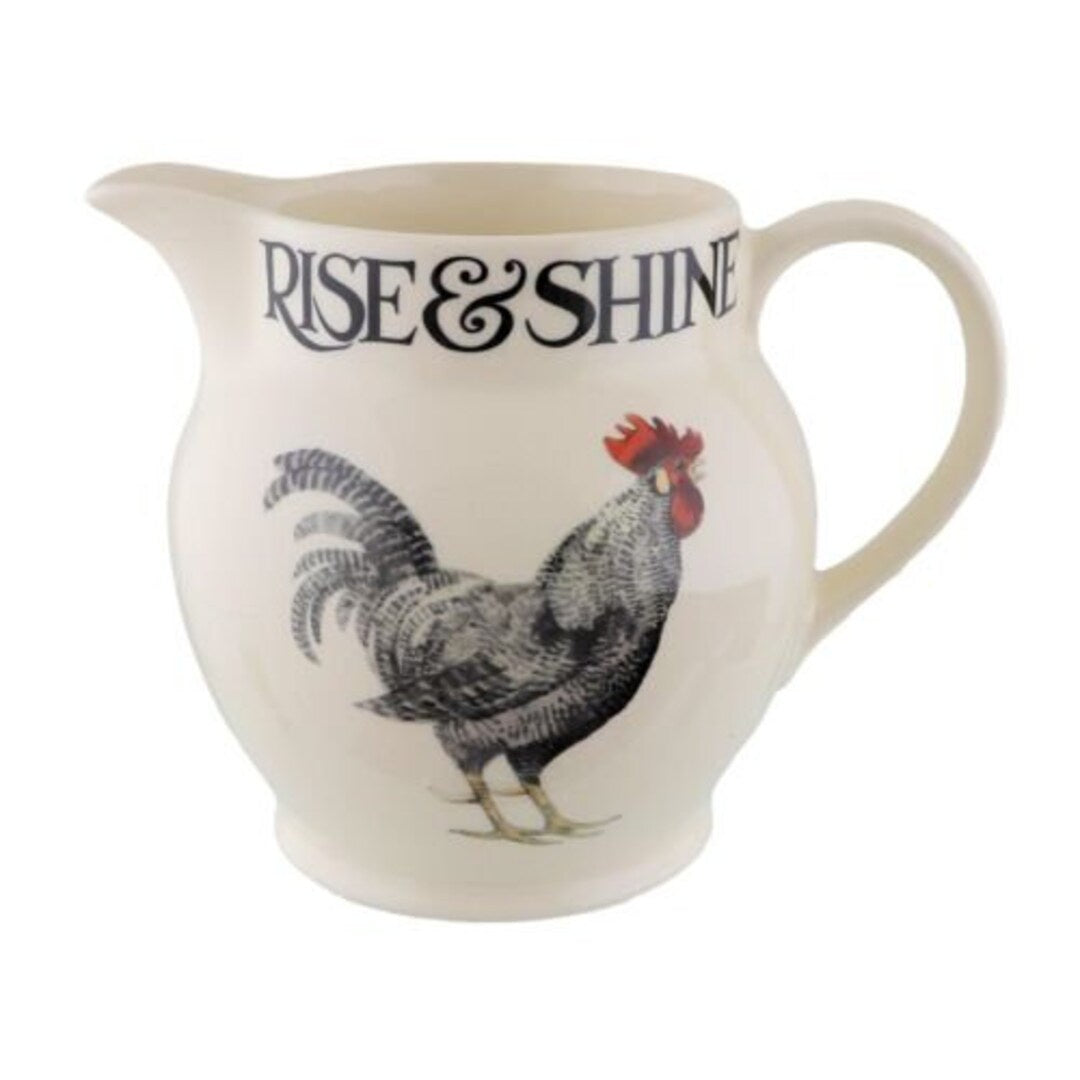 Emma Bridgewater Rise & Shine 1.5 pint jug with an illustrated rooster and lettering