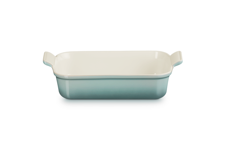 Le Creuset Stoneware Heritage 26cm rectangular dish in sea salt blue-green with a cream interior