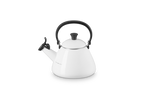 Le Creuset Kone kettle in white with a black whistle spout and a black handle