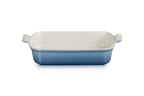 Le Creuset Stoneware Heritage 32cm rectangular dish with a blue glazed exterior and cream interior