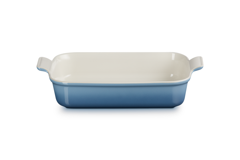 Le Creuset Stoneware Heritage 32cm rectangular dish with a blue glazed exterior and cream interior