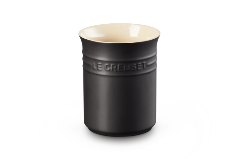 Le Creuset stoneware small utensil jar in matte black with a cream interior