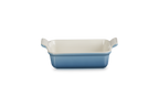 Le Creuset Stoneware Heritage 19cm rectangular dish in blue with a cream interior and two handles