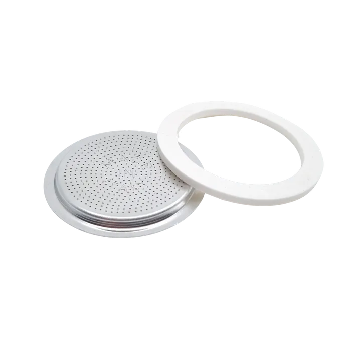 Bialetti 10 cup replacement filter plate and white rubber gasket ring in stainless steel