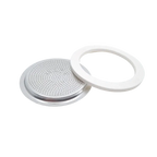 Bialetti 10 cup replacement filter plate and white rubber gasket ring in stainless steel