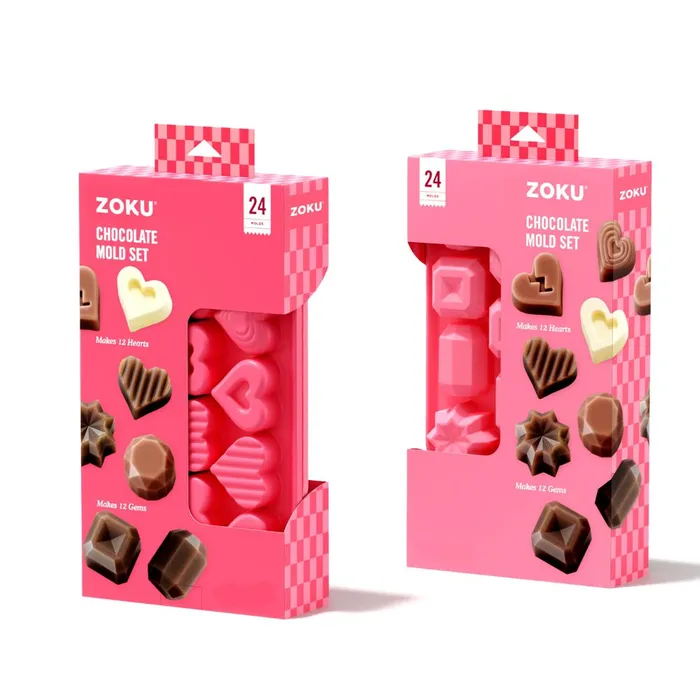 Zoku chocolate heart and gem mould sets, two boxed silicone moulds in pink packaging