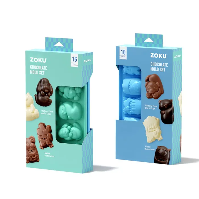 Zoku Chocolate Cat, Dog & Monster mould sets, two boxed silicone moulds in teal and blue