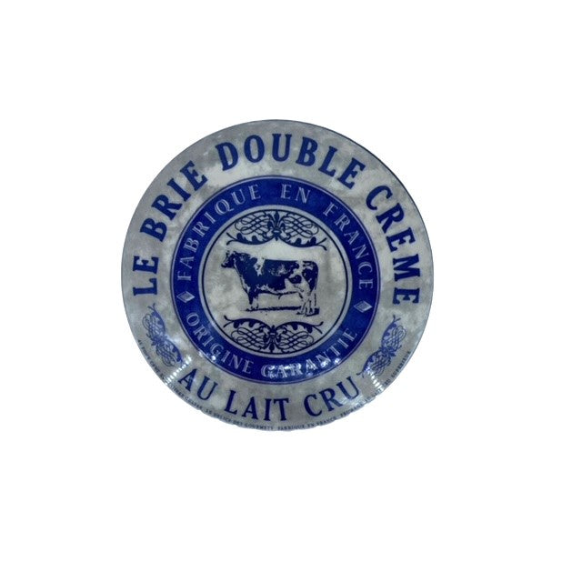 Heritage cheese baker dish with a Le Brie Double Creme French label design in blue and white