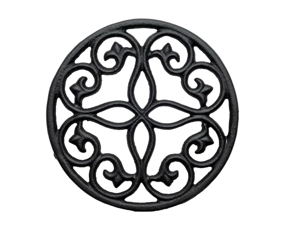 Salisbury cast iron trivet in black with a decorative scrolled pattern