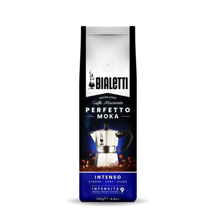 Bialetti Perfetto Moka Intenso ground coffee, a 250g black and blue bag