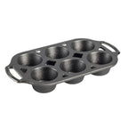 Lodge six hole cast iron muffin pan in black with two side handles