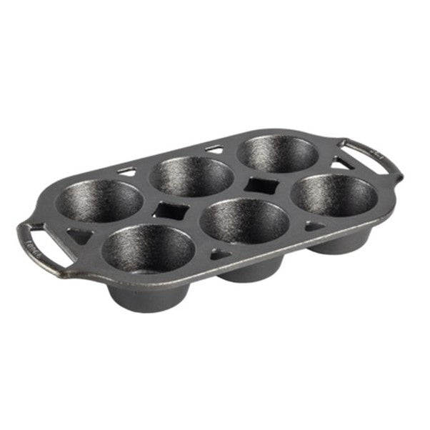 Lodge six hole cast iron muffin pan in black with two side handles