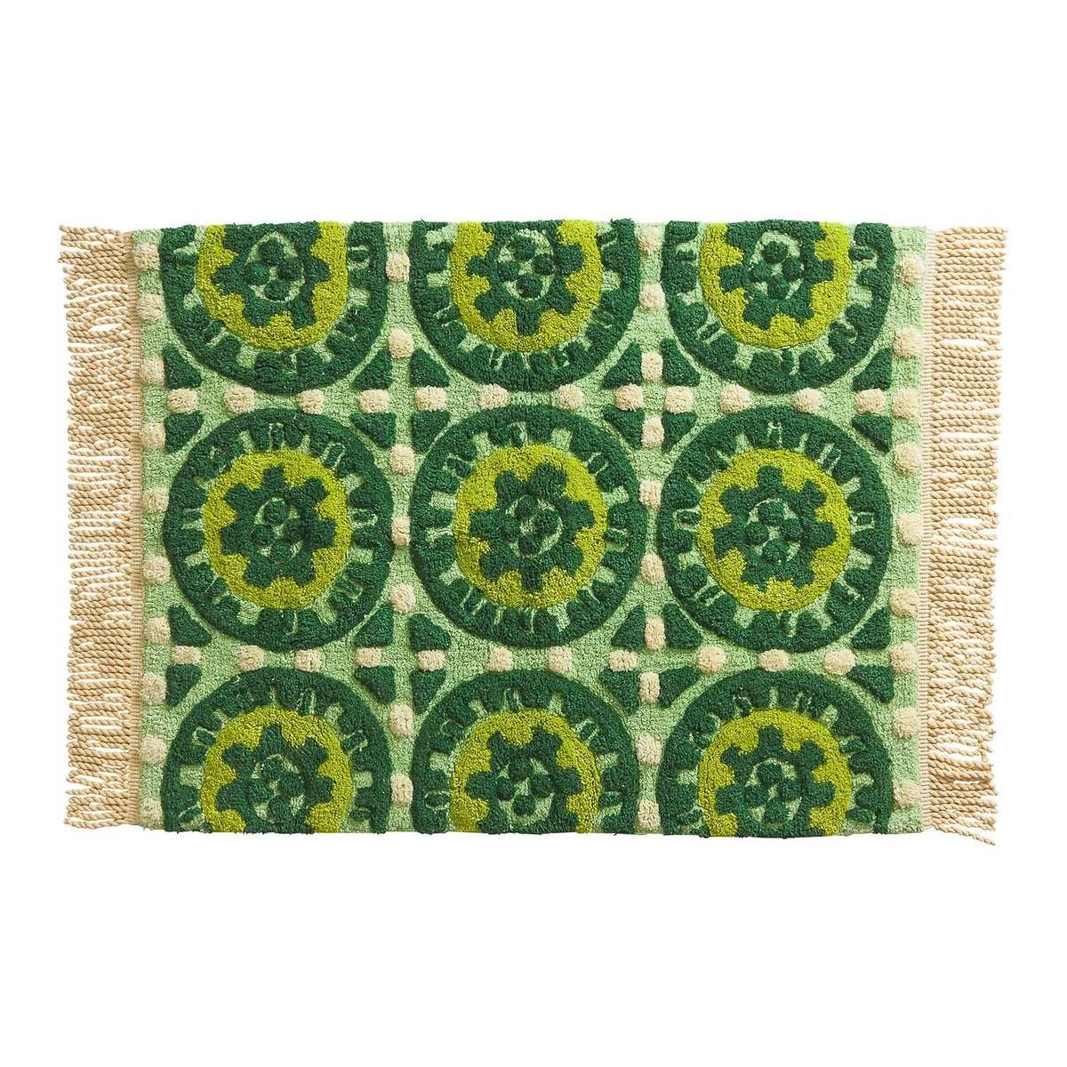 Sage x Clare Gabriella bath mat with a green tile-pattern print and fringed edges