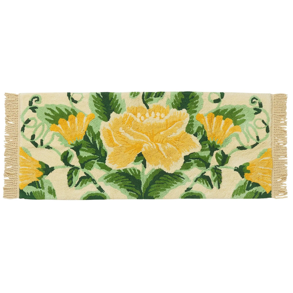 Sage x Clare Margaret bath runner with a yellow floral print on cream and a fringed edge