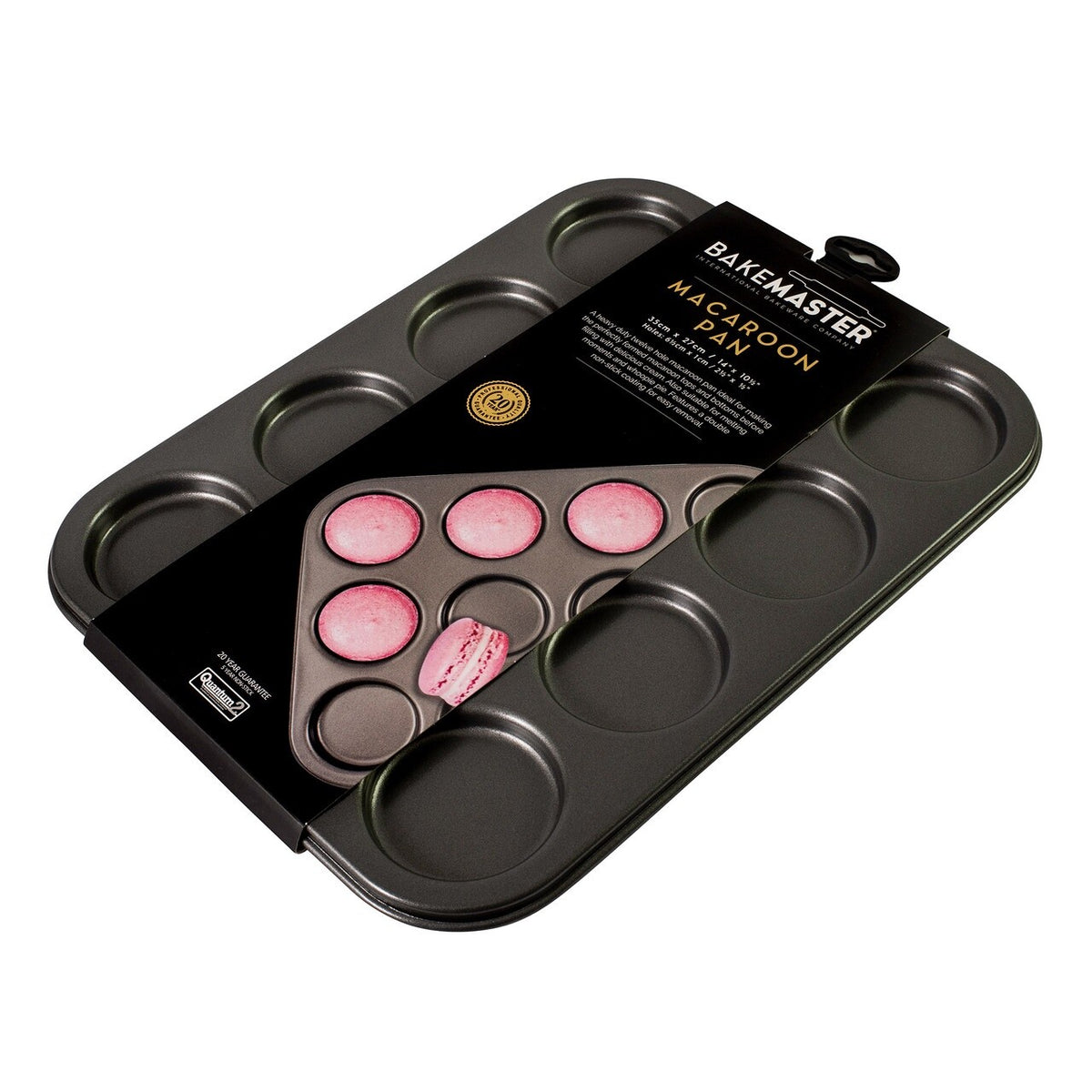 Bakemaster 12 cup macaroon pan in dark non-stick steel, shown in its packaging with pink macarons