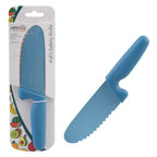 Appetito kid's safety knife in blue with a serrated edge, shown on its retail card