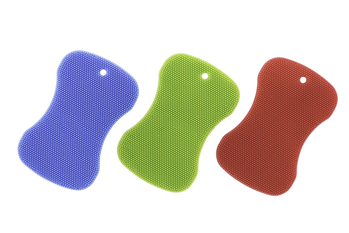 Avanti silicone scrubber sponges in blue, green and red with a textured surface