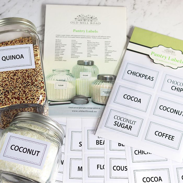 Old Mill Road 54 piece pantry labels, white printed label sheets shown with filled storage jars
