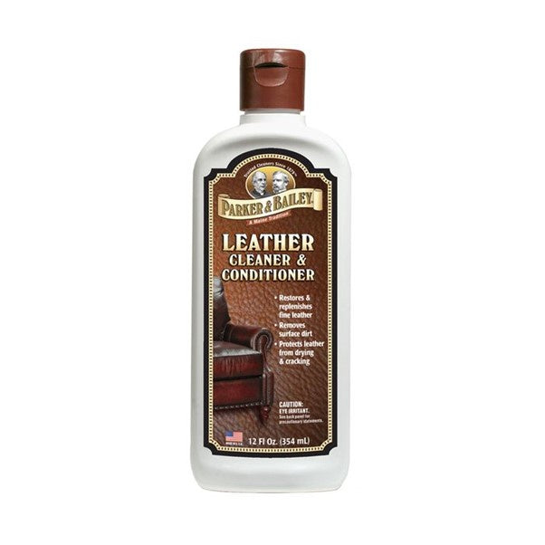 Parker & Bailey Leather Cleaner & Conditioner, a white bottle with a brown cap and label