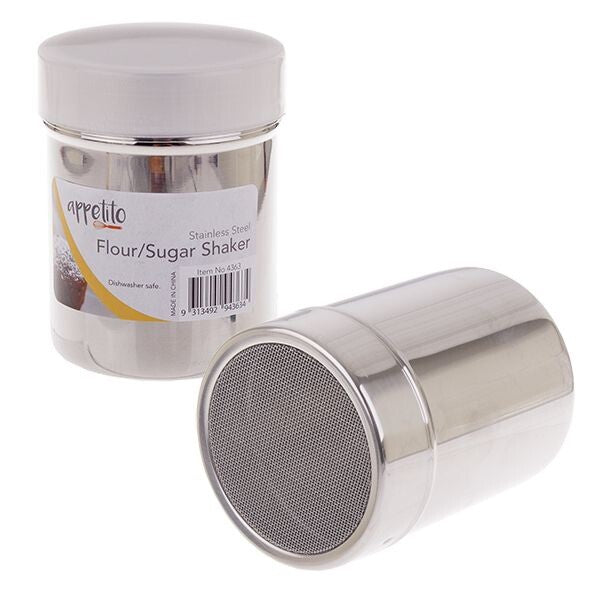 Appetito stainless steel flour and sugar shaker with a mesh lid, shown beside its packaging