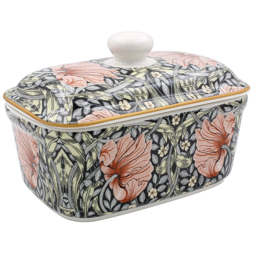 Heritage Pimpernel butter dish in purple and white floral pattern with a knob lid