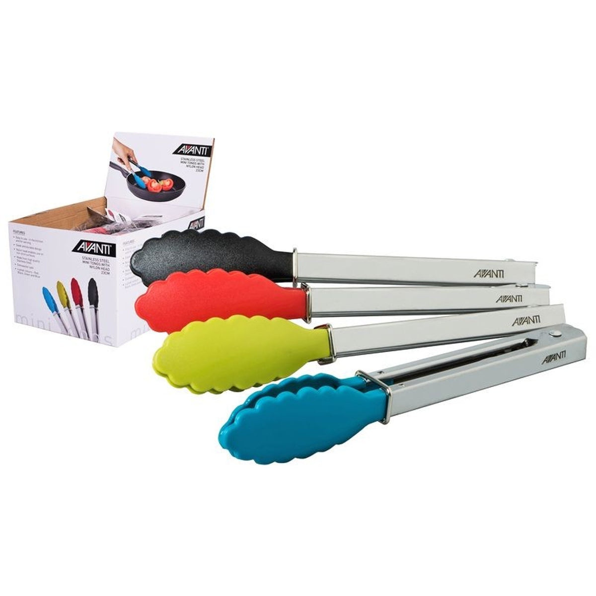 Avanti stainless steel mini tongs with nylon heads in assorted colours, shown with their retail box