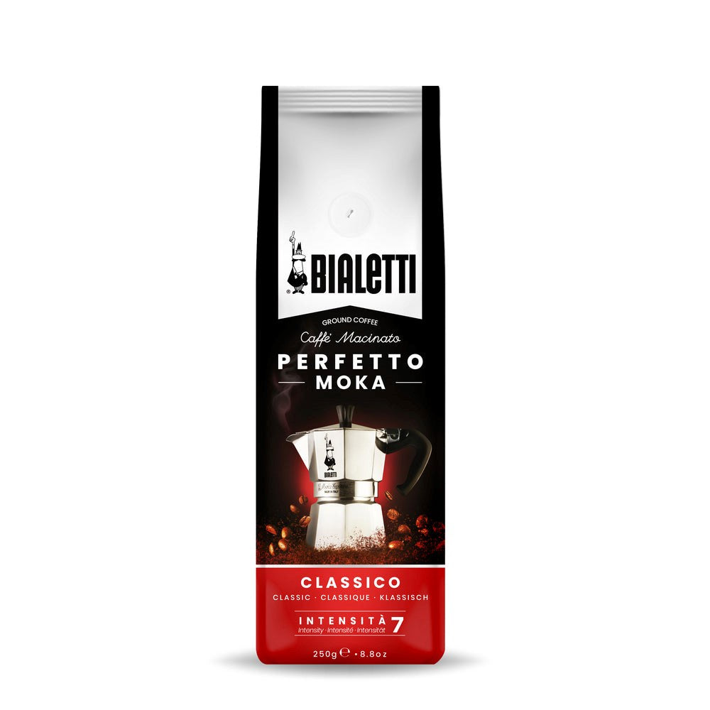 Bialetti Perfetto Moka Classico ground coffee, a 250g black and red bag