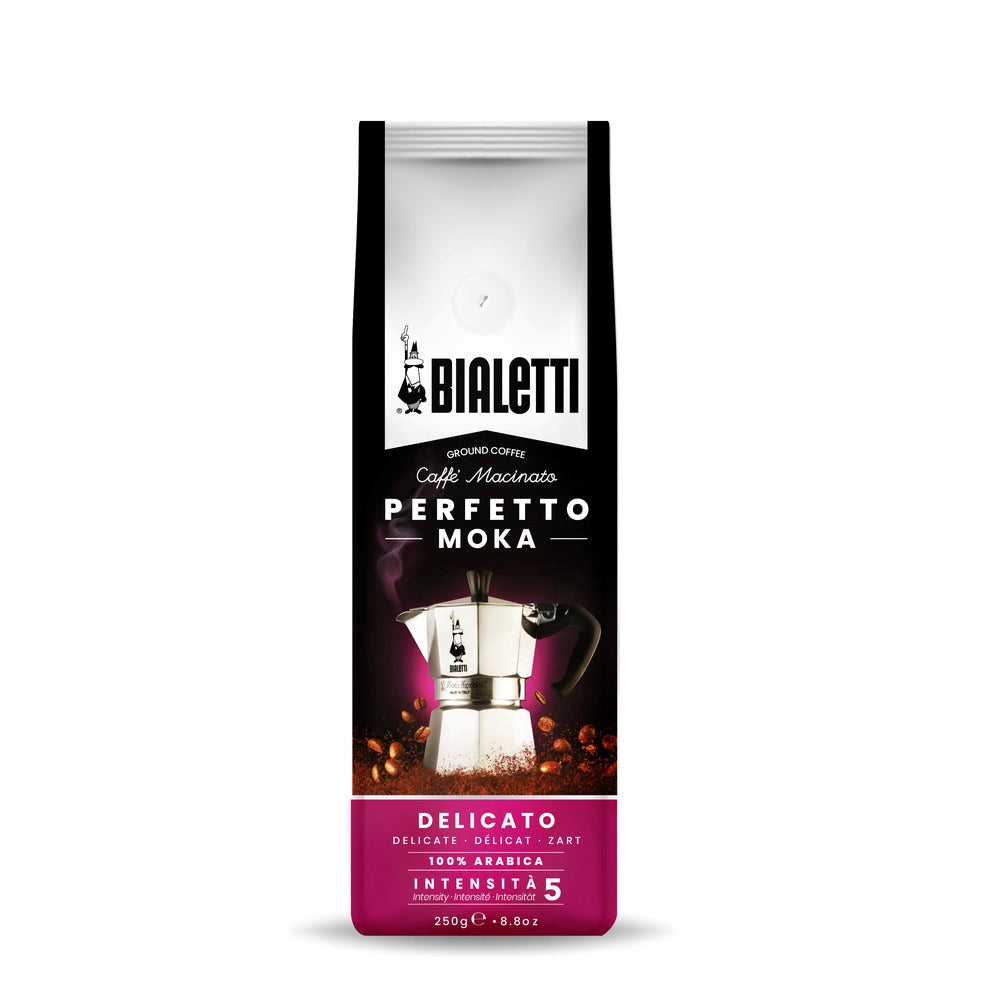 Bialetti Perfetto Moka Delicato ground coffee, a 250g black and pink bag