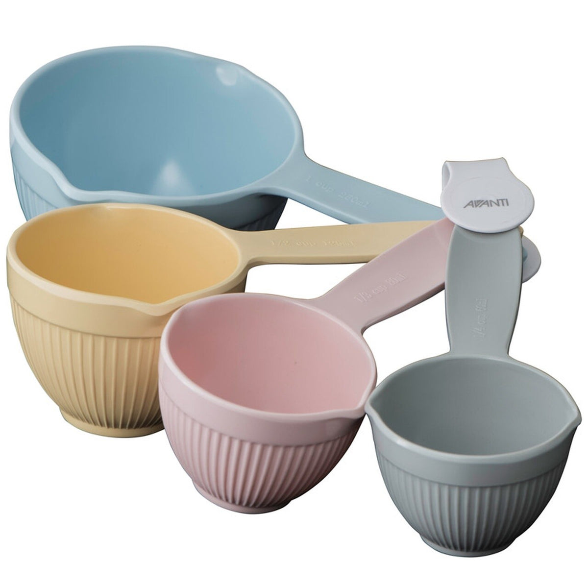 Avanti ribbed measuring cups in pastel blue, yellow, pink and grey