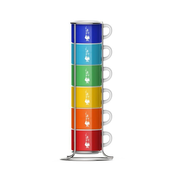 Bialetti stacking espresso cups, six in rainbow colours stacked on a chrome stand
