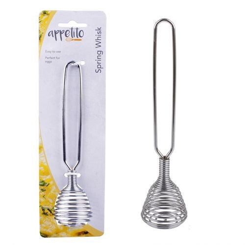 Appetito spring whisk with a coiled wire head, shown on its retail card