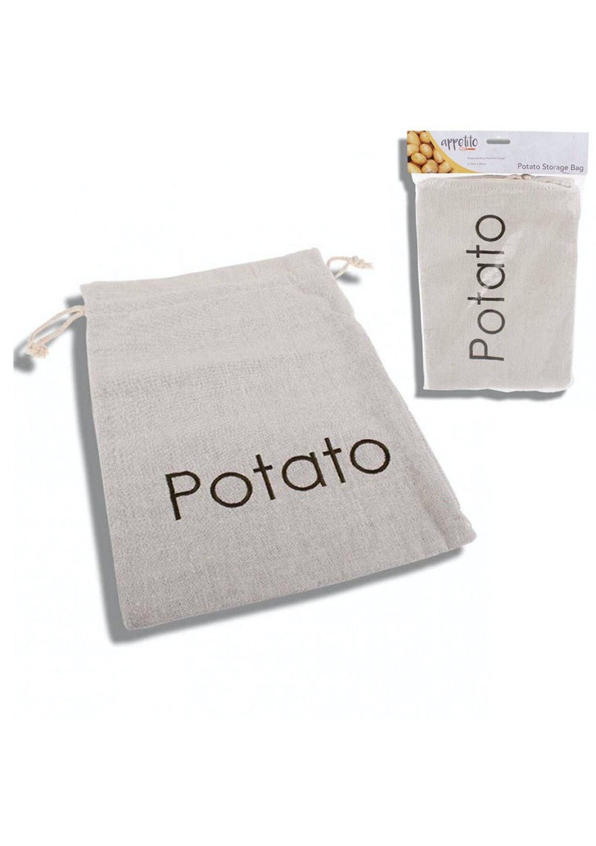 Appetito embroidered potato bag in natural linen with Potato lettering, shown beside its retail packet