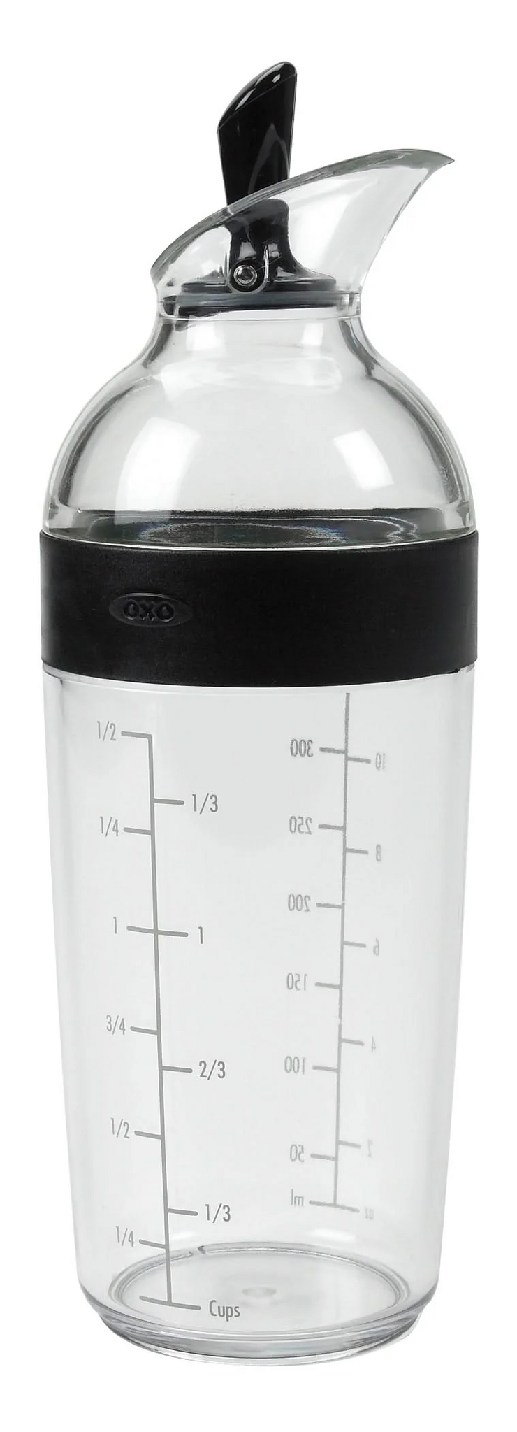 OXO Good Grips dressing shaker, a clear bottle with measurement markings and a black flip spout
