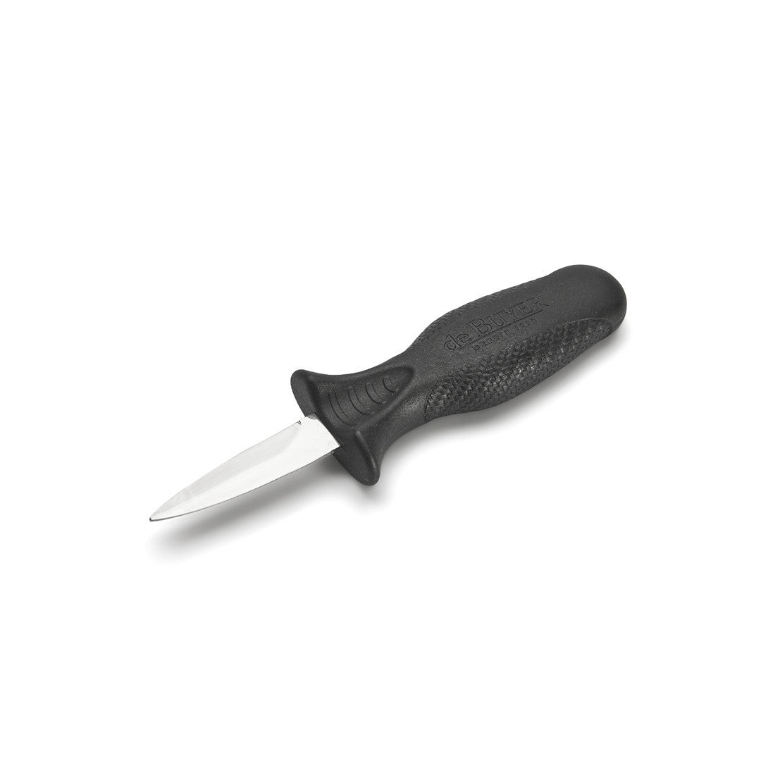 De Buyer stainless steel oyster knife with a black grip handle