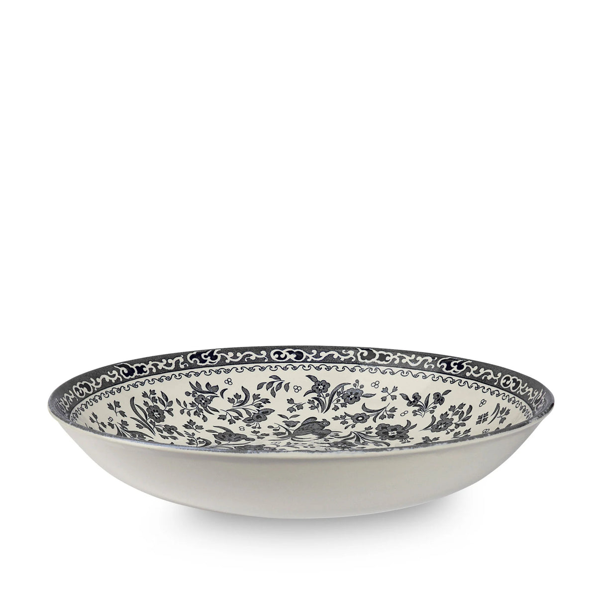 Burleigh Black Regal Peacock pasta bowl, 23cm/9 inch, with a black and white transferware pattern