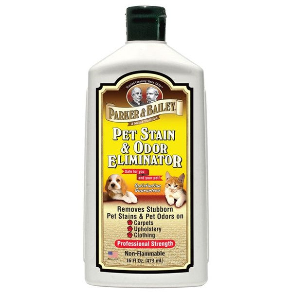 Parker & Bailey Pet Stain & Odour Eliminator, a 475ml white bottle with a gold and yellow label