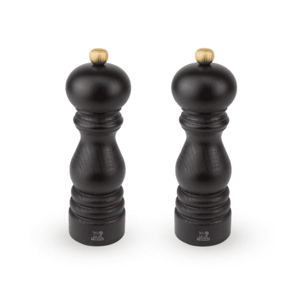 Peugeot Duo Paris Dark salt and pepper mill set, 18cm, in dark wood with brass tops