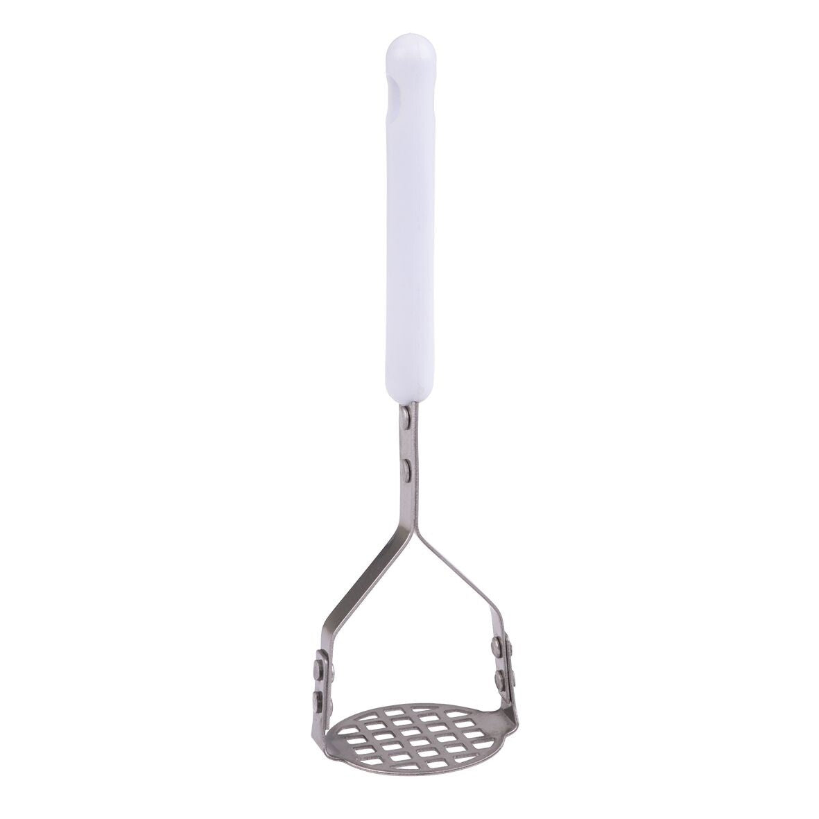 Appetito stainless steel mini masher with a white handle and a perforated head