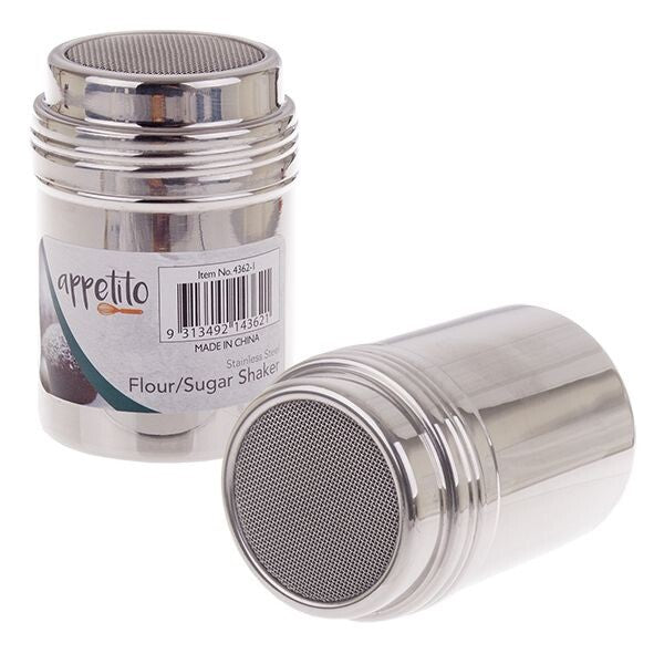 Appetito small stainless steel flour and sugar shaker with a mesh lid, shown beside its packaging