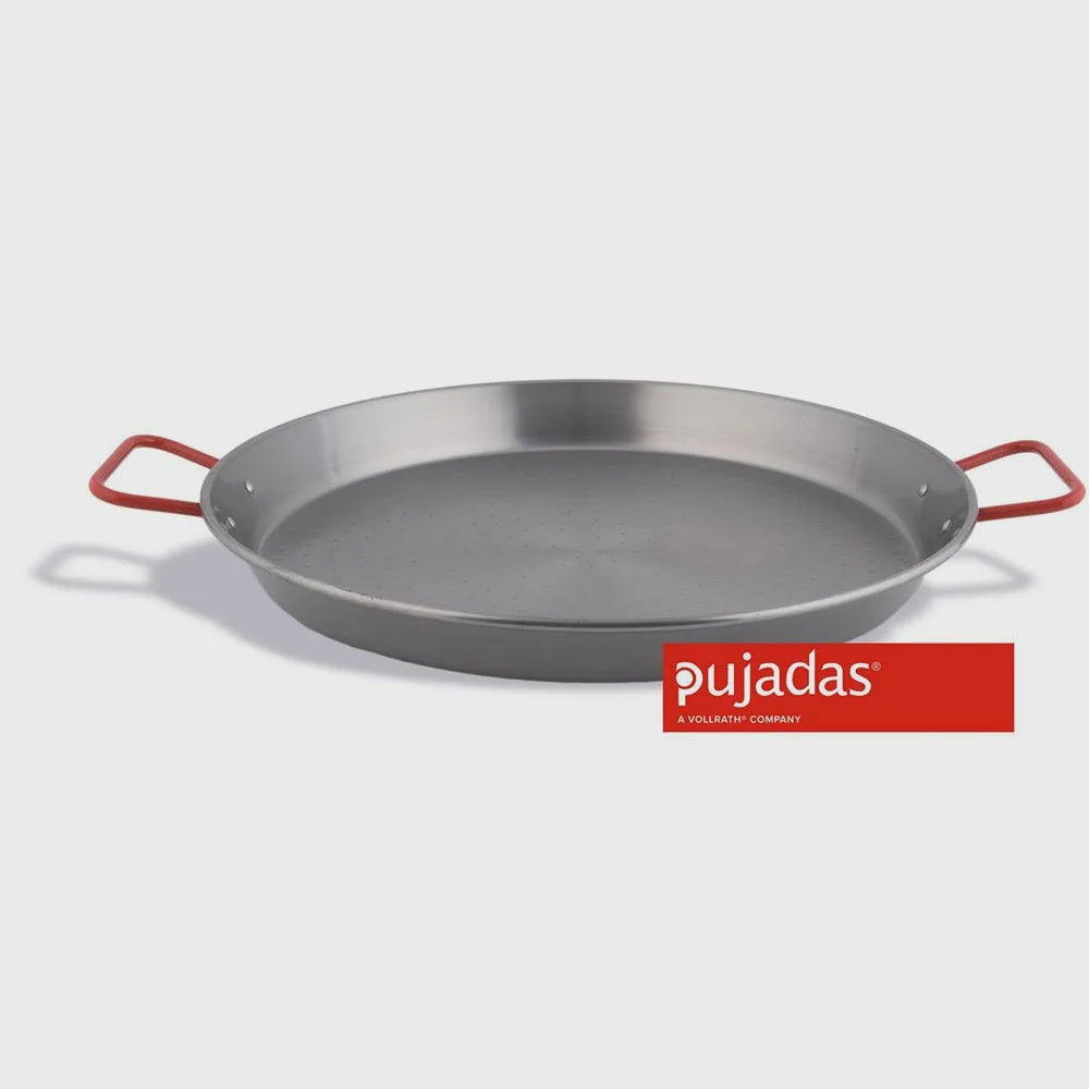 Pujadas paella dish in polished steel with red handles