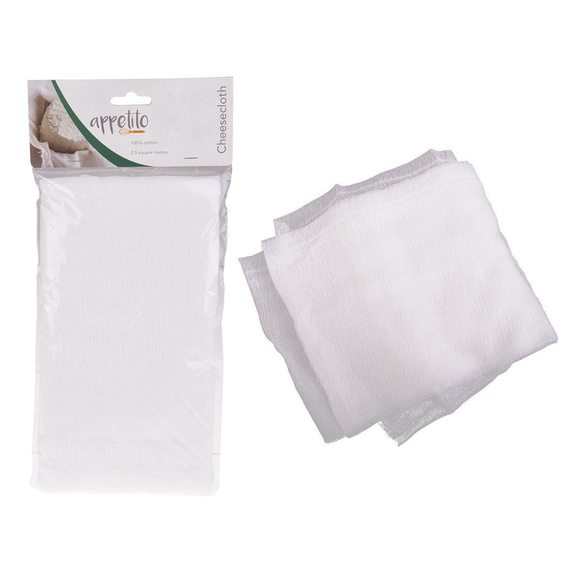 Appetito cheesecloth, a pack of white cheesecloth shown in its bag and unfolded