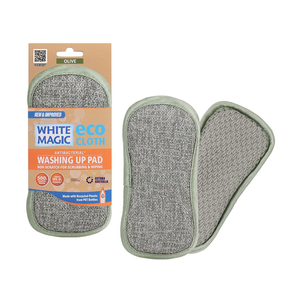 White Magic Eco Cloth washing up pad in olive green, shown on its card and two loose pads