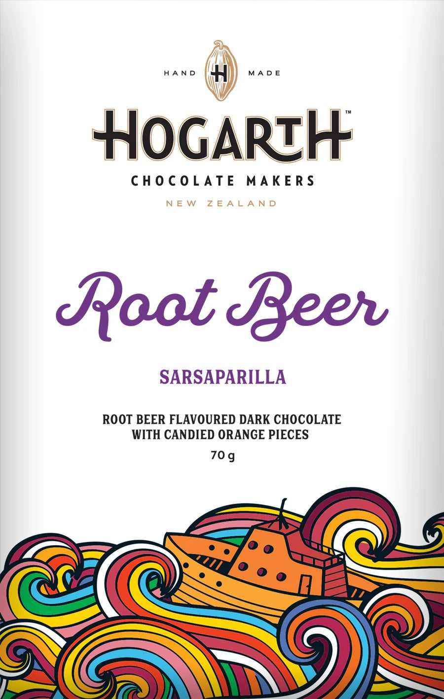 Hogarth Root Beer Sarsaparilla dark chocolate bar with colourful wave artwork on the wrapper