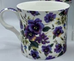 Heritage Summer Pansy mug in bone china with purple and yellow pansies