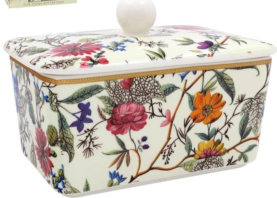 Heritage Kilburn butter dish in white bone china with a colourful floral print, gold trim and a knob lid