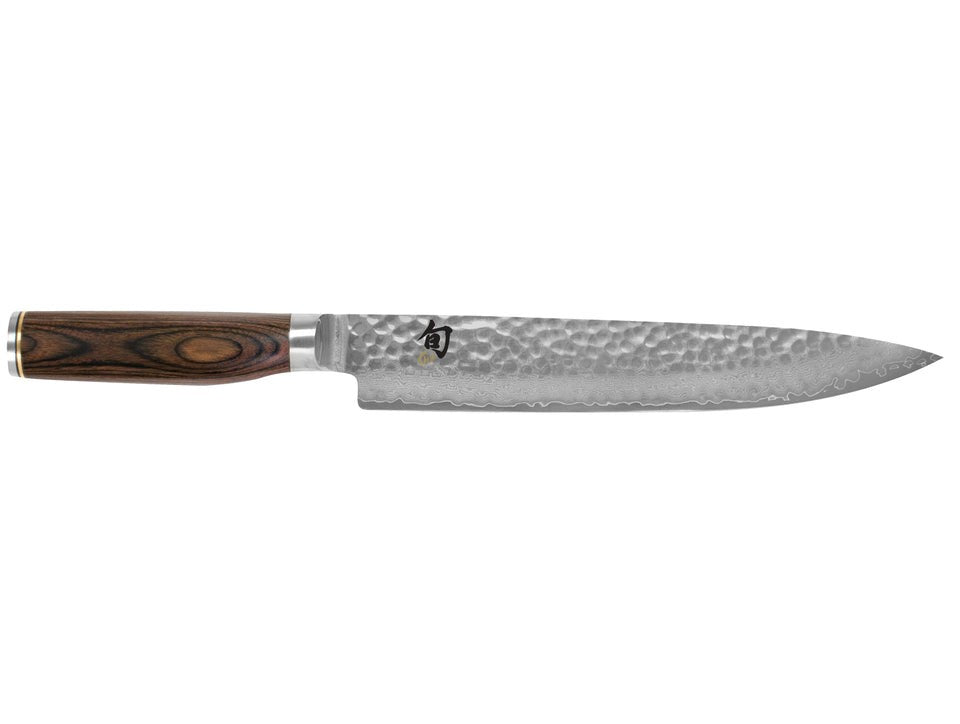 Kai Shun Premier slicing knife, 24cm, with a hammered Damascus blade and a wooden handle