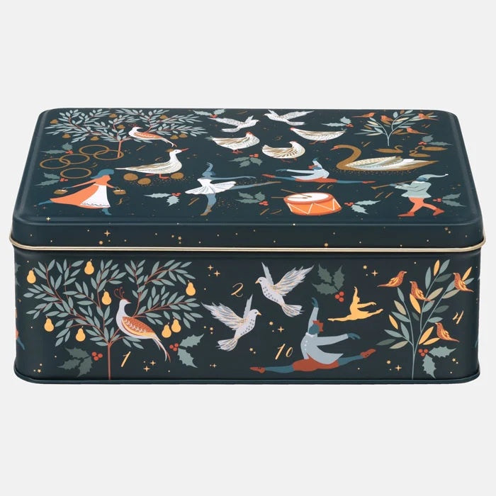 Sara Miller Twelve Days of Christmas deep rectangular tin with illustrated birds and foliage