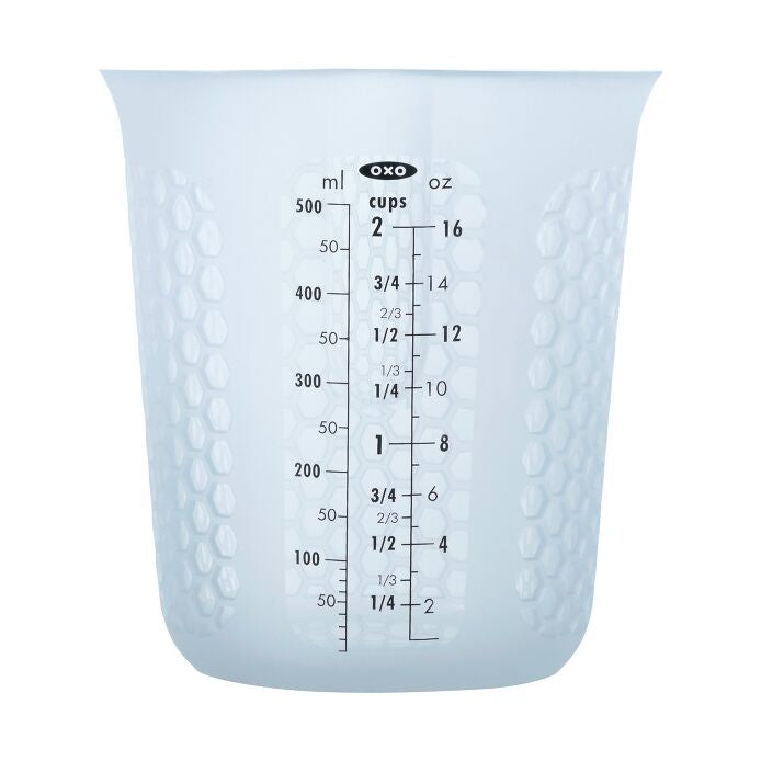 OXO Good Grips 2 cup squeeze and pour silicone measuring cup in translucent blue