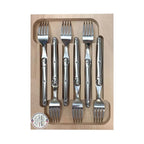 Andre Verdier Laguiole six piece fork set with steel handles in a pale wood tray